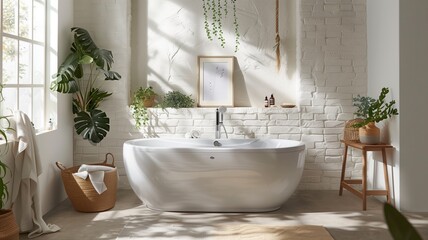 Bathroom interior with bathtub, sink, and mirror.Generative AI illustration
