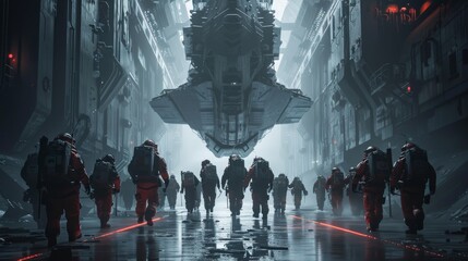 A crew of spacefarers marches through a cybernetic cityscape, with a massive starship hovering above, exuding a powerful sense of adventure and the unknown. - obrazy, fototapety, plakaty