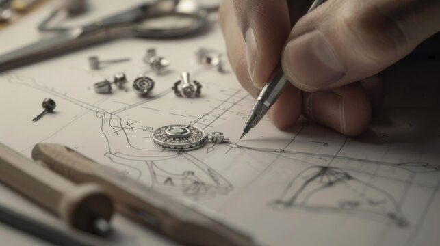 An artisan's hand meticulously drafts a detailed design for elegant silver earrings, with precise tools and components arranged on the workspace.