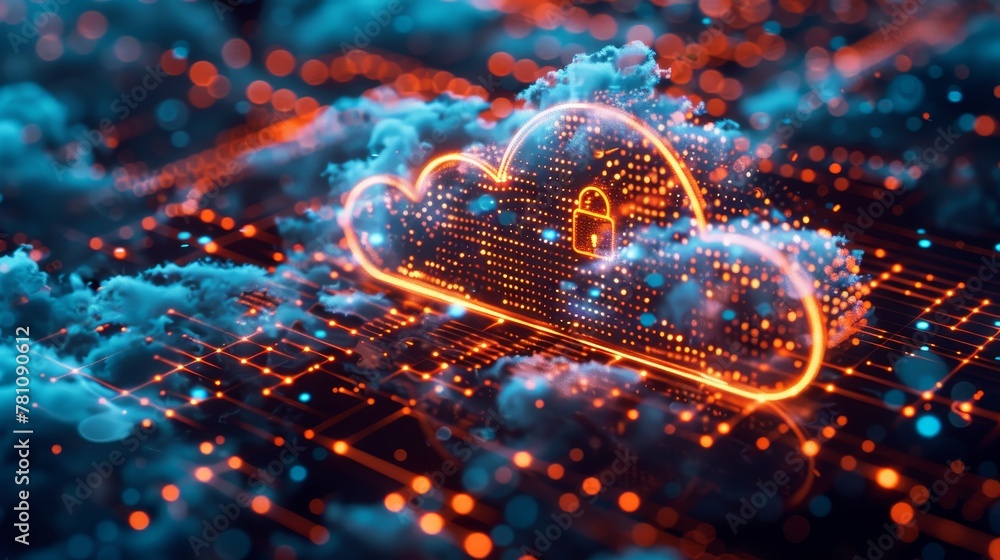 Poster cloud storage: a cloud icon with a digital lock, symbolizing secure data storage