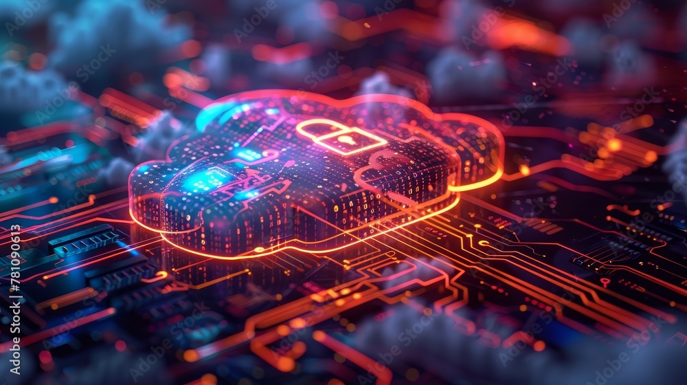 Poster cloud storage: a cloud icon with a digital lock, symbolizing secure data storage