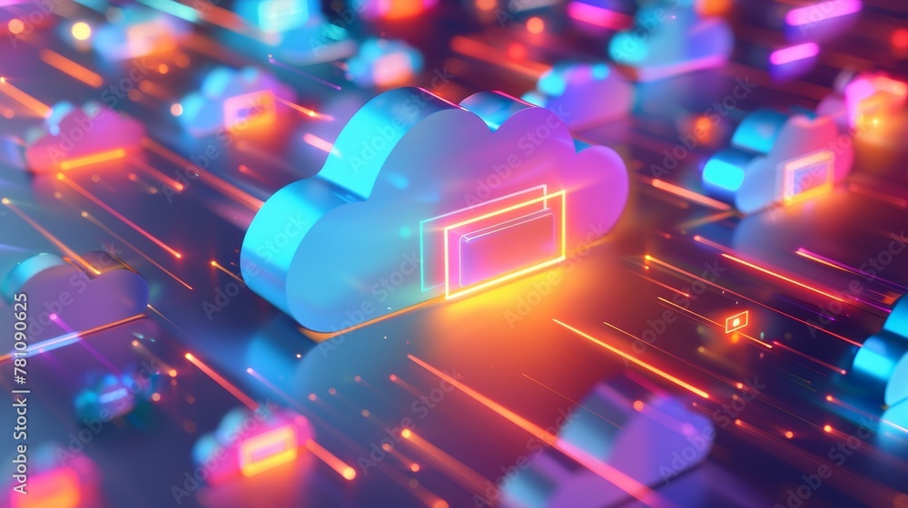 Poster cloud storage: a cloud storage icon surrounded by floating files and folders