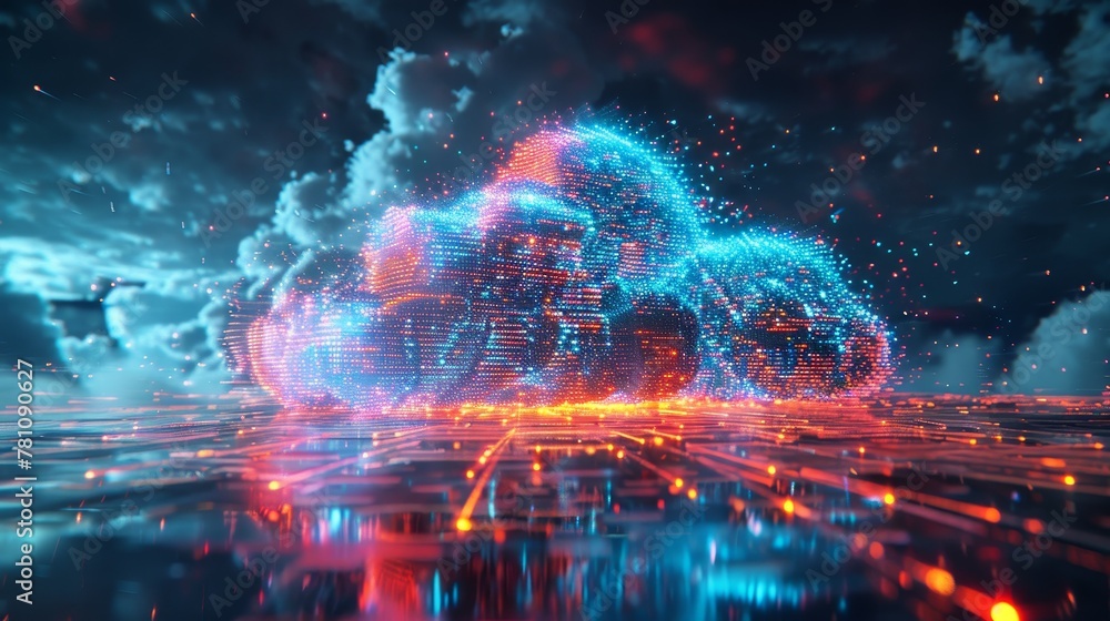 Poster cloud storage: a cloud server with data streams flowing into it, representing data backup