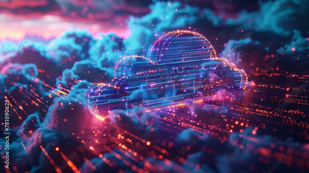 Poster cloud storage: a cloud server with data streams flowing into it, representing data backup