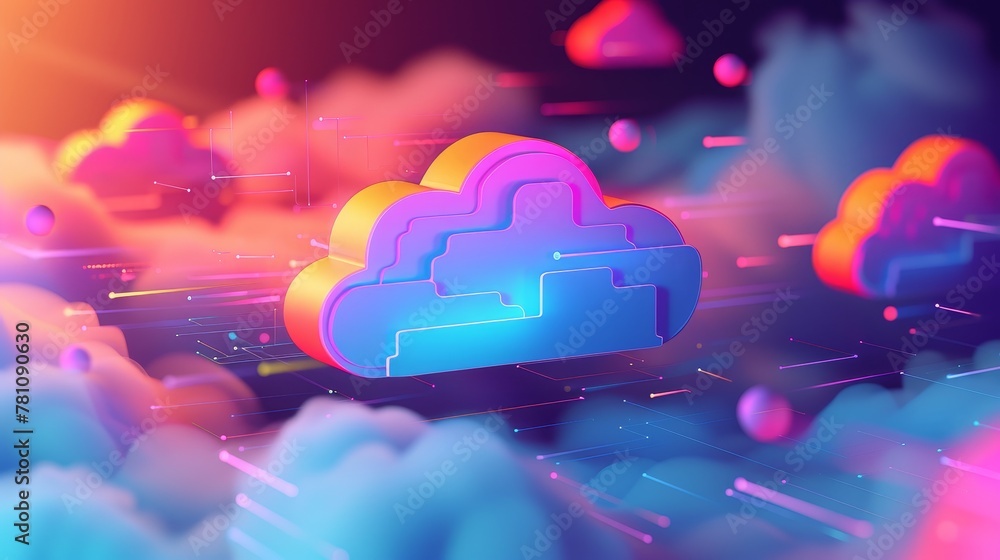 Poster cloud storage: a cloud storage icon surrounded by floating files and folders