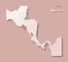 Vector illustration with Central America land with borders of states and marked country El Salvador. Political map in brown colors with regions. Beige background