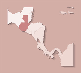 Vector illustration with Central America land with borders of states and marked country Guatemala. Political map in brown colors with regions. Beige background
