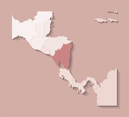 Vector illustration with Central America land with borders of states and marked country Nicaragua. Political map in brown colors with regions. Beige background