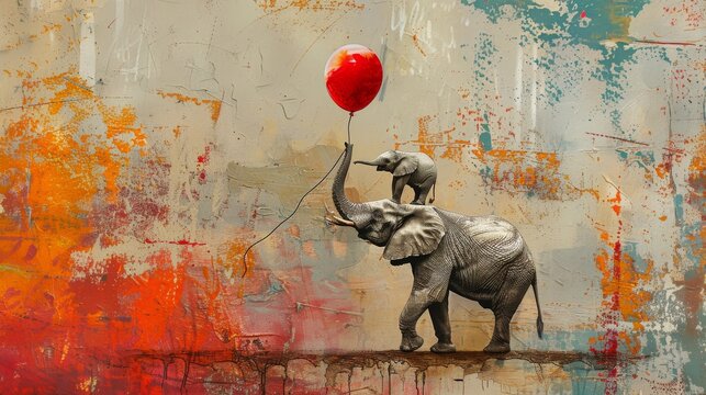 In a striking composition, an elephant tenderly holds a red balloon with its trunk, accompanied by a smaller elephant on its back, set against a vibrant, abstract backdrop.
