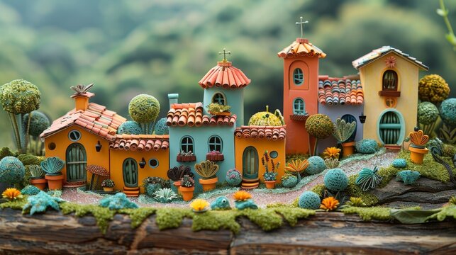 A whimsical paper art village basks in serene hues, its quaint houses adorned with playful cacti and floral accents, crafting a magical microcosm.