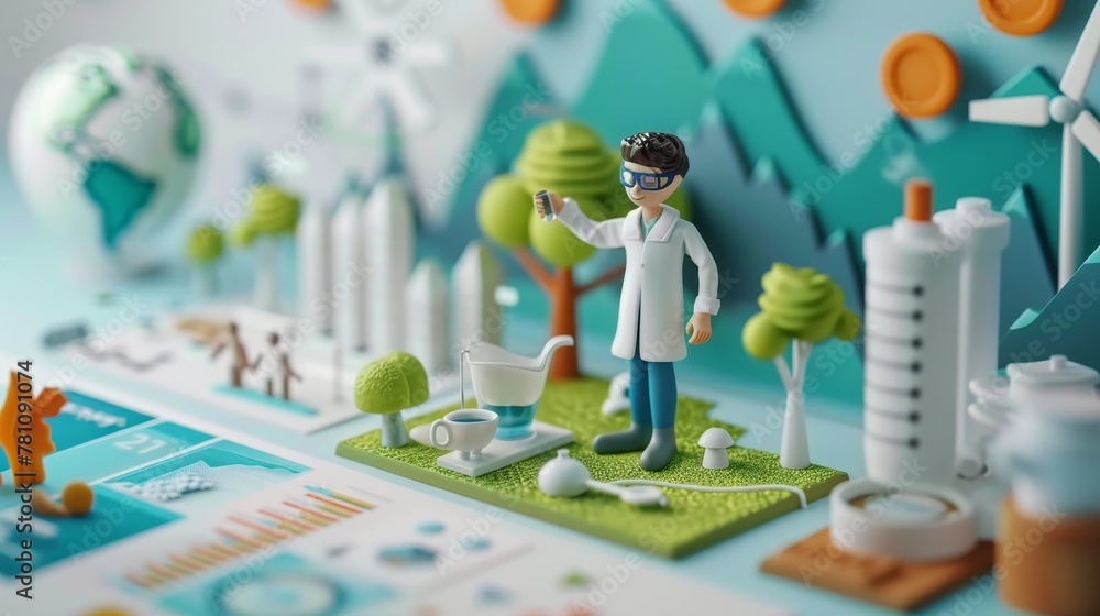 Poster environmental science: a 3d vector illustration of a scientist analyzing data on climate change