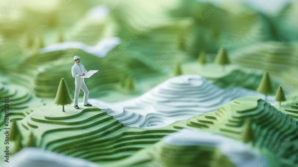 Poster environmental science: a 3d vector illustration of a scientist studying a map of deforestation patte