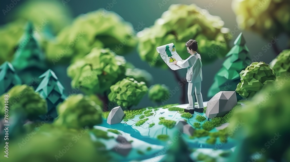 Poster environmental science: a 3d vector illustration of a scientist studying a map of deforestation patte