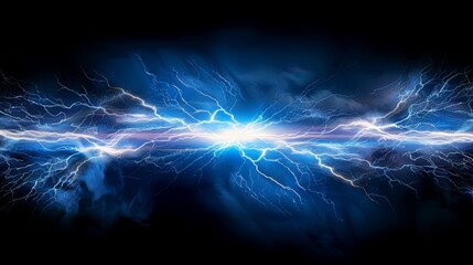 striking image of a bright blue lightning bolt piercing through a dark sky. This powerful and electrifying photo captures the raw energy and intensity of a lightning storm. Perfect for illustrating  - obrazy, fototapety, plakaty