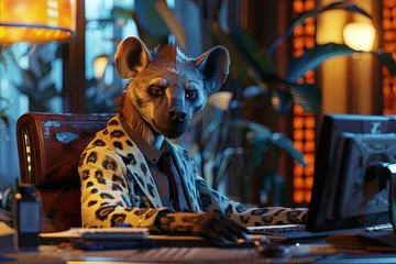 Tragetasche A hyena-headed broker in a laughter-filled room cleverly plays the stock game, realistic ,  cinematic style. © Anocha