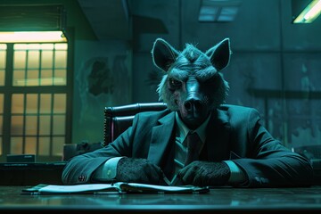 A hyena-headed broker in a laughter-filled room cleverly plays the stock game, realistic ,  cinematic style.