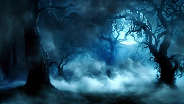 A dark misty forest is illuminated by the soft glow of the full moon. As if in a dream ethereal beings dance and twirl a the trees . .