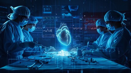 Medical Science: A 3D vector illustration of a medical team performing a heart surgery - obrazy, fototapety, plakaty