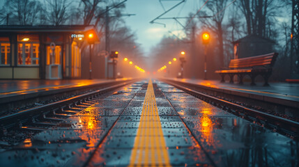 Empty train station at sunset with fog and lights on. no people