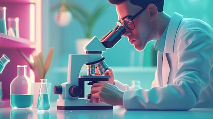 Medical Science: A 3D vector illustration of a medical professional using a microscope - obrazy, fototapety, plakaty