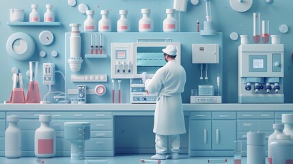Medical Science: A 3D vector illustration of a scientist in a lab developing a new vaccine - obrazy, fototapety, plakaty