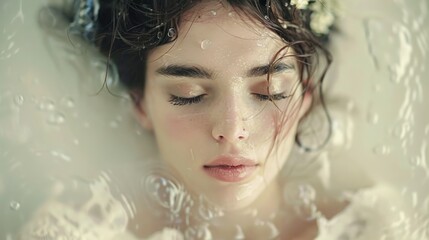 An ethereal, equal-toned photograph showcasing perfect skin and generous whitespace.