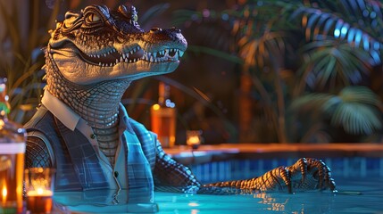 A robotic crocodile mixologist, in a slick vest, invents new cocktails at the poolside bar.