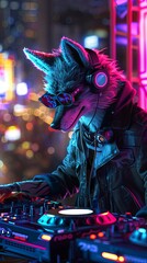 A robotic wolf DJ, in trendy club wear, sets the vibe at the hotel's rooftop party, realistic , ...