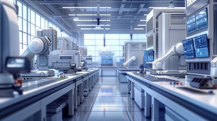 Science and Technology: A 3D vector illustration of a laboratory environment with automated machines and robotic