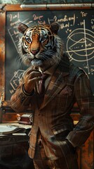 Fototapeta na wymiar A tiger physicist in a dynamic suit harnesses quantum mechanics, stripes blending into the chalk equations