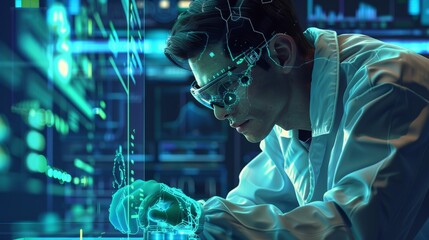 Science and Technology: A 3D vector illustration of a researcher analyzing data on a transparent digital interface