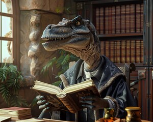 Diplodocus in academic robes preps a lecture on software development, realistic ,  cinematic style.