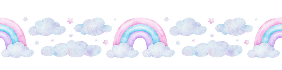Rainbow, clouds and stars. Cute Watercolor seamless border for children's goods, clothes, postcards, baby shower and nursery, fabric