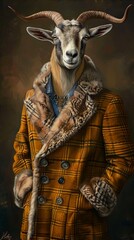 Goat in a fashionable coat browses art for office decor, realistic ,  cinematic style.