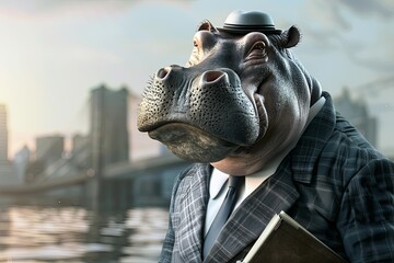 Hippo in professional attire closes a deal on waterfront property, realistic ,  cinematic style. - obrazy, fototapety, plakaty
