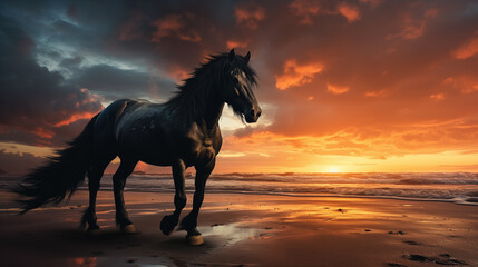 Black horse standing on top of a sandy beach under a cloudy blue and orange sky with a sunset. - 781092600