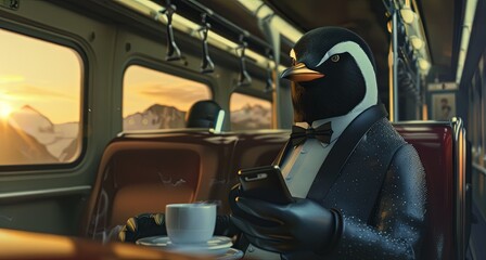 Penguin droid in a tux texts on a bullet train to a meeting - obrazy, fototapety, plakaty