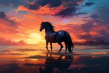 Black horse standing on top of a sandy beach under a cloudy blue and orange sky with a sunset. - 781092618