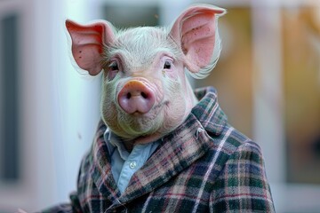 Pig in a trendy blazer pitches a sustainable business model, realistic ,  cinematic style.