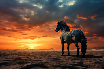 Black horse standing on top of a sandy beach under a cloudy blue and orange sky with a sunset. - 781092631