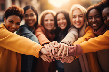 Eclectic crew of friends embracing and grasping hands