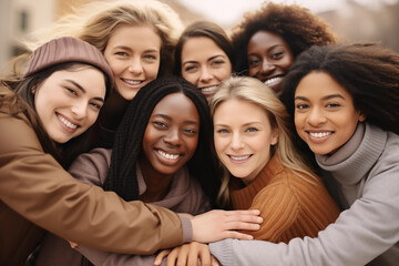 Mixed assembly of companions cuddling and linking arms