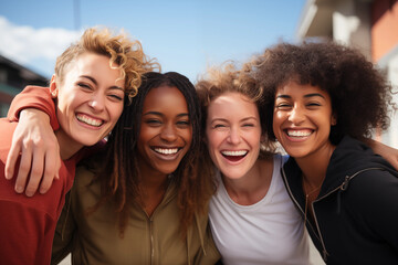 Mixed bunch of friends cuddling and holding hands tightly