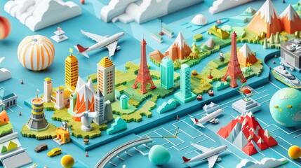 Travel and Tourism: A 3D vector graphic illustrating the growth of the tourism industry - obrazy, fototapety, plakaty