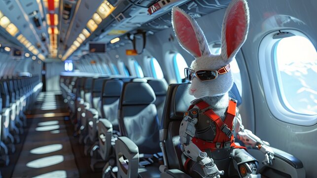 Rabbit robot in athletic wear plans a hop strategy on a plane, realistic ,  cinematic style.