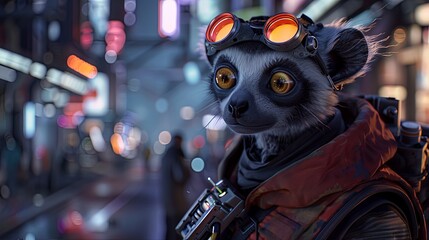 Sporting a lemur head, a robot in a night explorer's gear navigates after-hours trading, realistic ,  cinematic style.