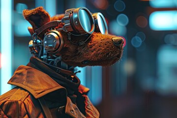 Sporting a dog head, a robot in a detective coat sniffs out insider trading, realistic ,  cinematic style. - obrazy, fototapety, plakaty