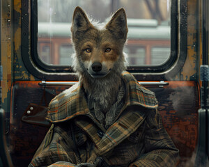Wolf pup droid in a detective coat solves puzzles on a train, realistic ,  cinematic style. - obrazy, fototapety, plakaty