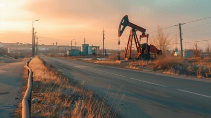 Old crude oil pumpjack rig on desert silhouette in evening sunset, energy industrial machine for petroleum gas production background. - obrazy, fototapety, plakaty