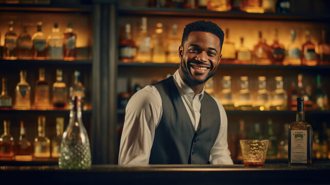 A photo portrait of a young African American barman at the bar counter, smiling bartender working in a pub or nightclub, making a drink for a party
